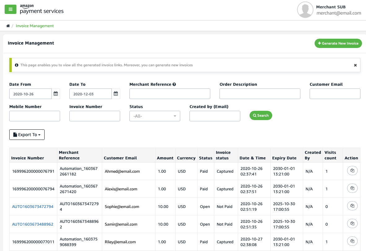 Generating invoices Amazon Payment Services